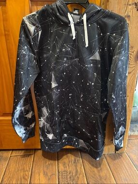 Black Geometric Galaxy Hoodie with White Drawstrings